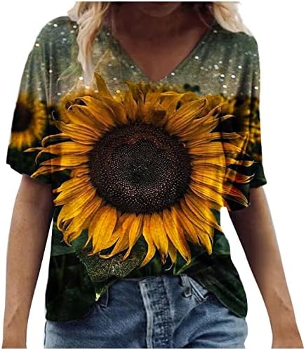 Kadınlar için yaz Üstleri Moda Doğal Çiçekler Baskılı Grafik Tees Casual Artı Boyutu T Shirt V Yaka T-Shirt Tunik Üstleri