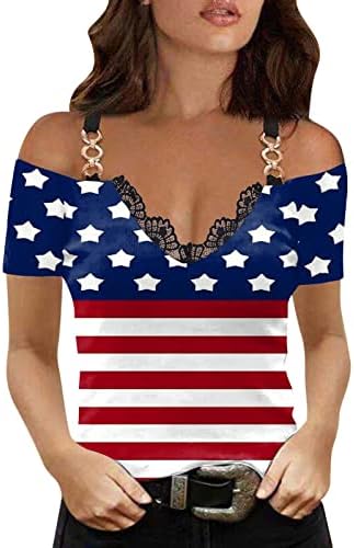 Kadın Soğuk Omuz Üstleri Amerika Bayrağı Grafik Tunik Tees Kısa Kollu V Boyun Bağımsızlık Günü Gömlek 4th Temmuz Bluz
