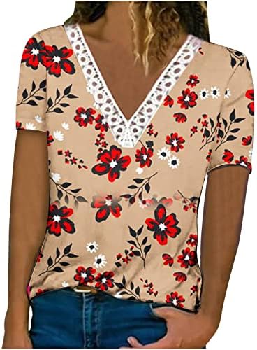 Yaz Dantel V Yaka üstleri Kadınlar için Rahat Çiçek Baskı Kısa Kollu Gömlek Moda Büyük Boy Gevşek Bluz