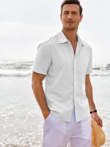 Fommykin erkek Keten Kısa Kollu Gömlek Pamuk Casual Düğme Aşağı Yakalı Plaj Yaz Katı Düz cepli gömlek