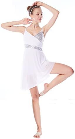 PAOTİT Kadın Lirik Dans Elbise Modern bale kostümü Pullu Askı Leotard V Yaka Tül Kısa Etek