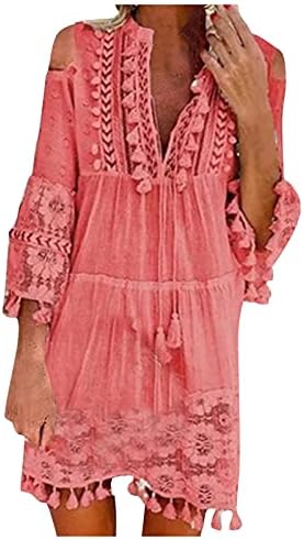 SGASY Kadın Artı Boyutu Yaz Boho Püskül Katmanlı Mini Elbise 3/4 Kollu Soğuk Omuz Dantel Eklenmiş Plaj Elbiseleri