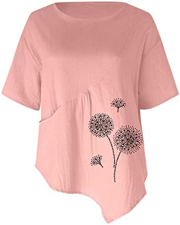Pamuk Keten Kadınlar için Moda Karahindiba Baskılı Grafik Tees Gömlek Tops Yaz Düzensiz Hem Flowy Tunik Bluzlar