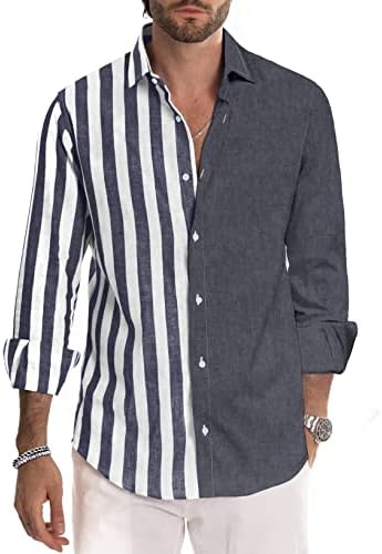Renaowın Erkek Gömlek Uzun Kollu Düğme Aşağı Casual Şık Çizgili Pamuklu Elbise Gömlek Erkekler için İş, Plaj