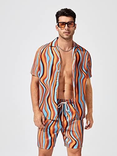 OSHHO İki Parçalı Kıyafetler Erkekler için Erkekler Dalga Çizgili Baskı Gömlek ve İpli Bel Şort (Renk: Çok Renkli, Boyut: