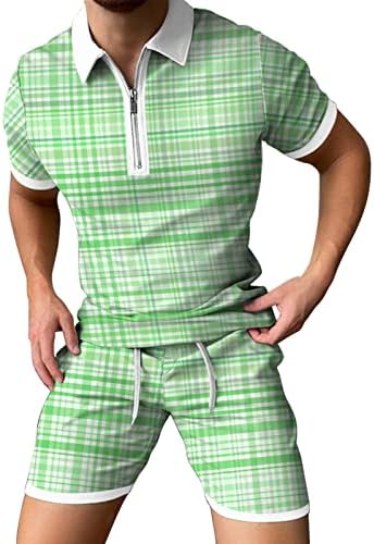 2 Parça Kıyafetler erkek eşofman seti Fermuar Yaka Ekose Baskı polo tişörtler ve şortlar Rahat Golf Egzersiz Eşofman