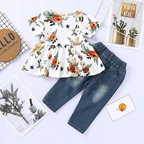 SANMİO Kız Giysileri Kıyafetler, Sevimli Yürümeye Başlayan Bebek Fırfır Kollu çiçekli tişört Yırtık Kot pantolon seti