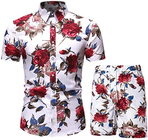 MANTORS Mens Çiçek Hawaiian Kıyafetler 2 Parça Düğme Aşağı Kısa Kollu Gömlek ve Şort Setleri