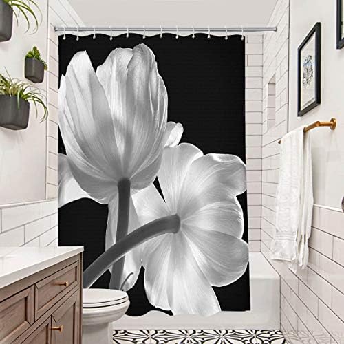 BROSHAN Siyah Banyo Duş Perdeleri, Modern Çiçek Dekoratif Kumaş Bez Duş Perdesi Siyah ve Beyaz, Benzersiz Çiçek Sanat Baskı