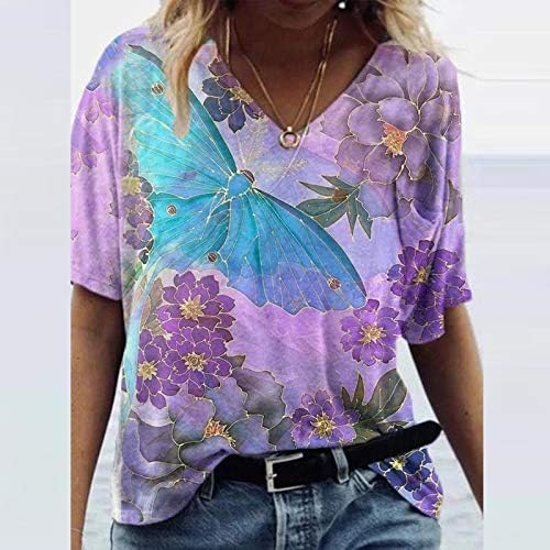 Kadınlar için bluz Yaz Tees Casual Zarif Çiçek Baskılı Kısa Kollu V Yaka Üstleri Gevşek Gömlek Temel Tunik T-Shirt
